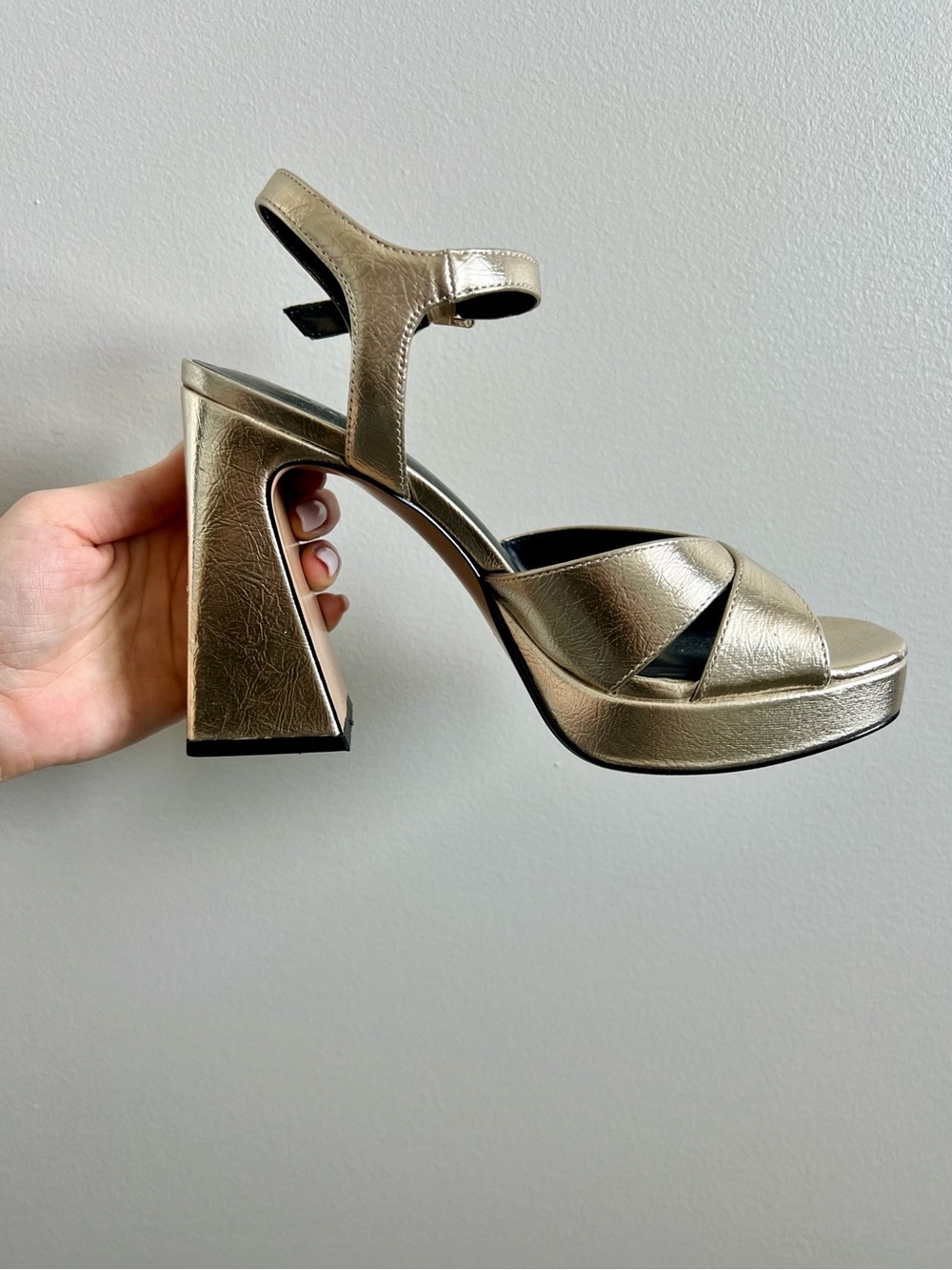 Mix No. 6 Metallic Gold Platform Ankle-Strap Block Heels - Picture 6 of 7